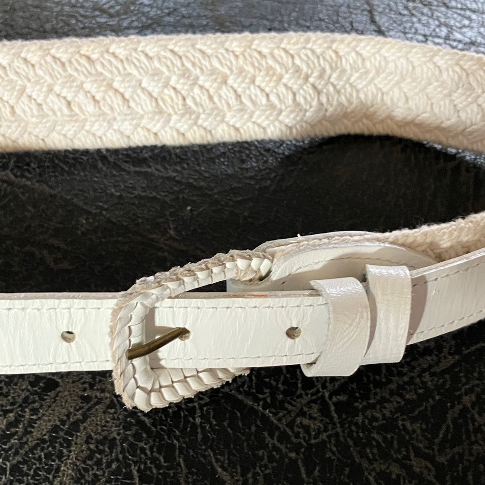 White Braided Women's Belt with Leather Trim Adjustable 27‎ to 31 inch waist